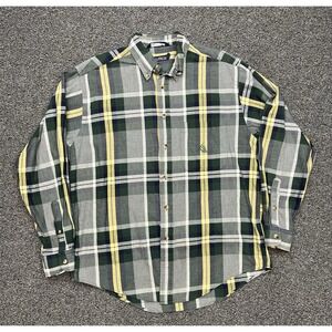 Vintage 90s Nautica Shirt Plaid button down Medium Green Yellow Long Sleeve